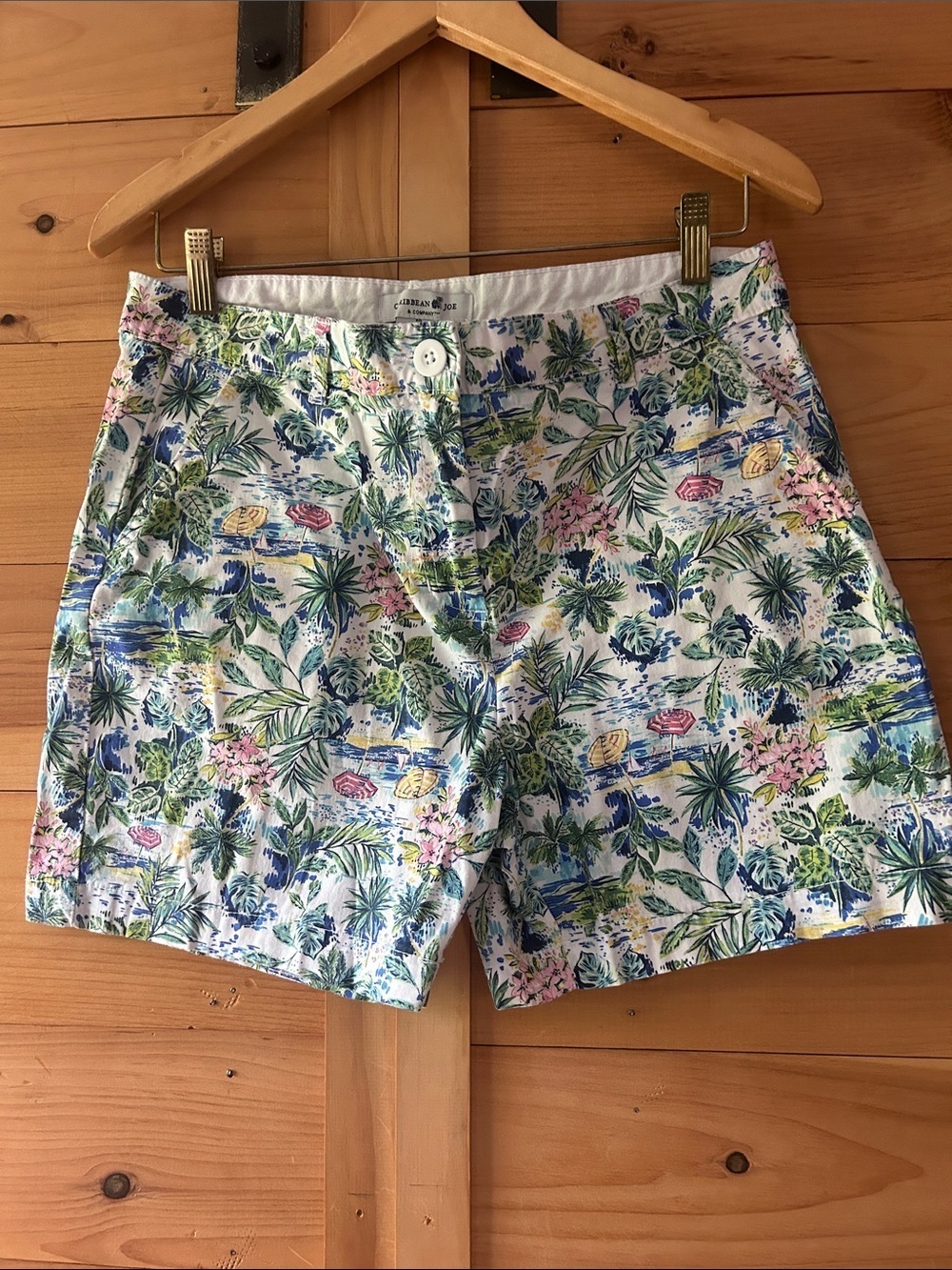 Caribbean Joe White Tropical 🌴 and Floral Cotton Shorts with Blue & Green Print